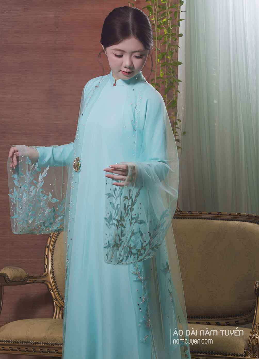 Áo Choàng Xanh Ngọc Thêu ren Khoác Ngoài Áo Dài Truyền Thống