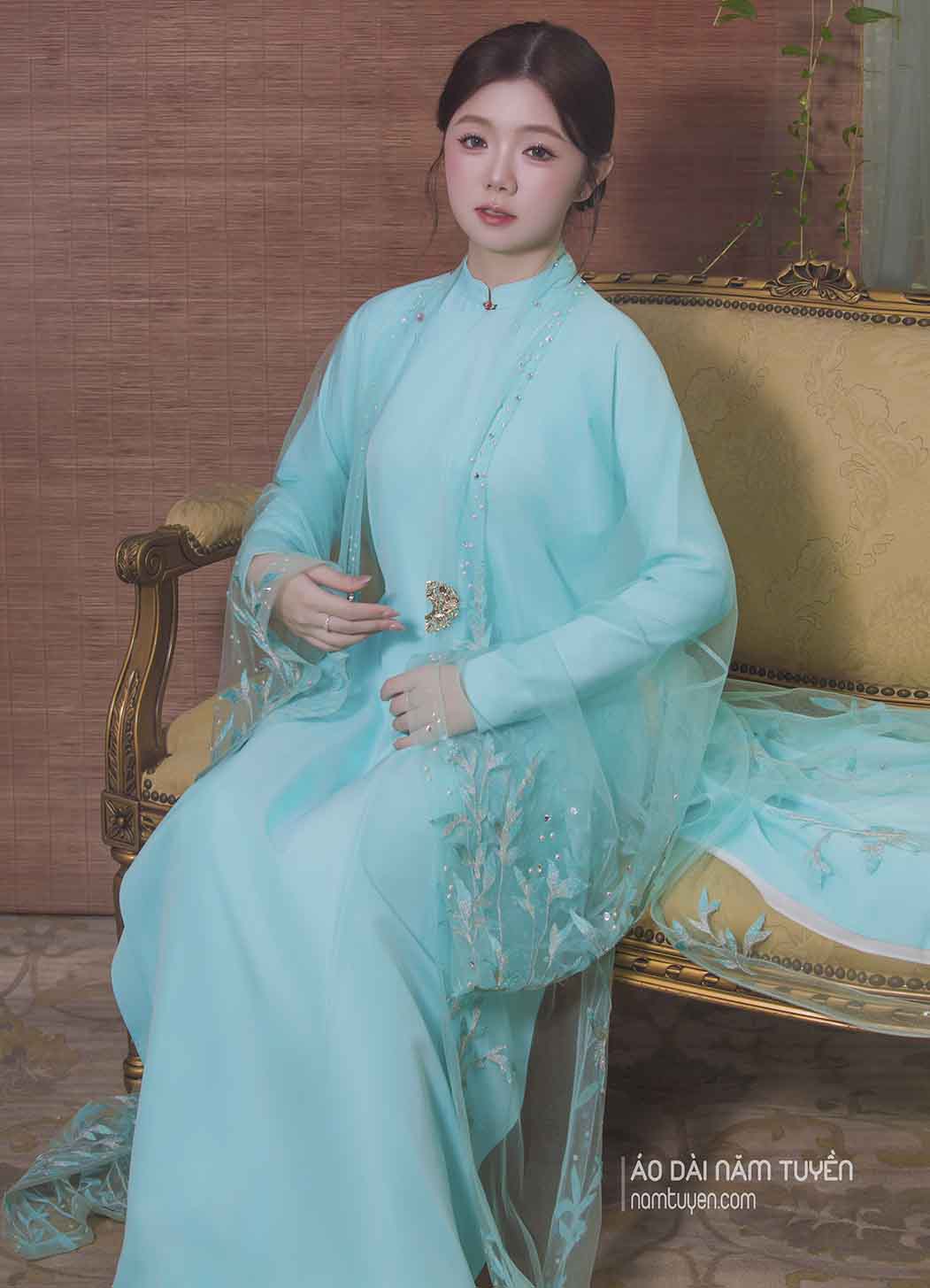 Áo Choàng Xanh Ngọc Thêu ren Khoác Ngoài Áo Dài Truyền Thống