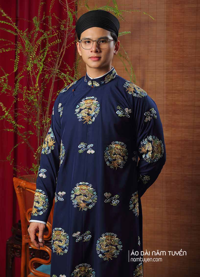 Áo Dài Nam truyền thống ngũ thân Thêu Ổ Rồng Xanh Đen