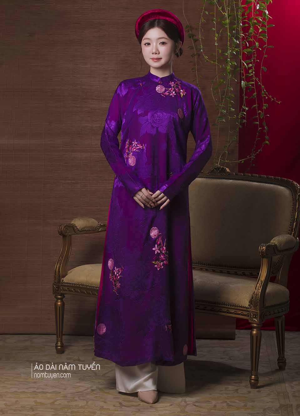 Áo Dài Nữ Truyền Thống Tím Huế Hoa Hồng