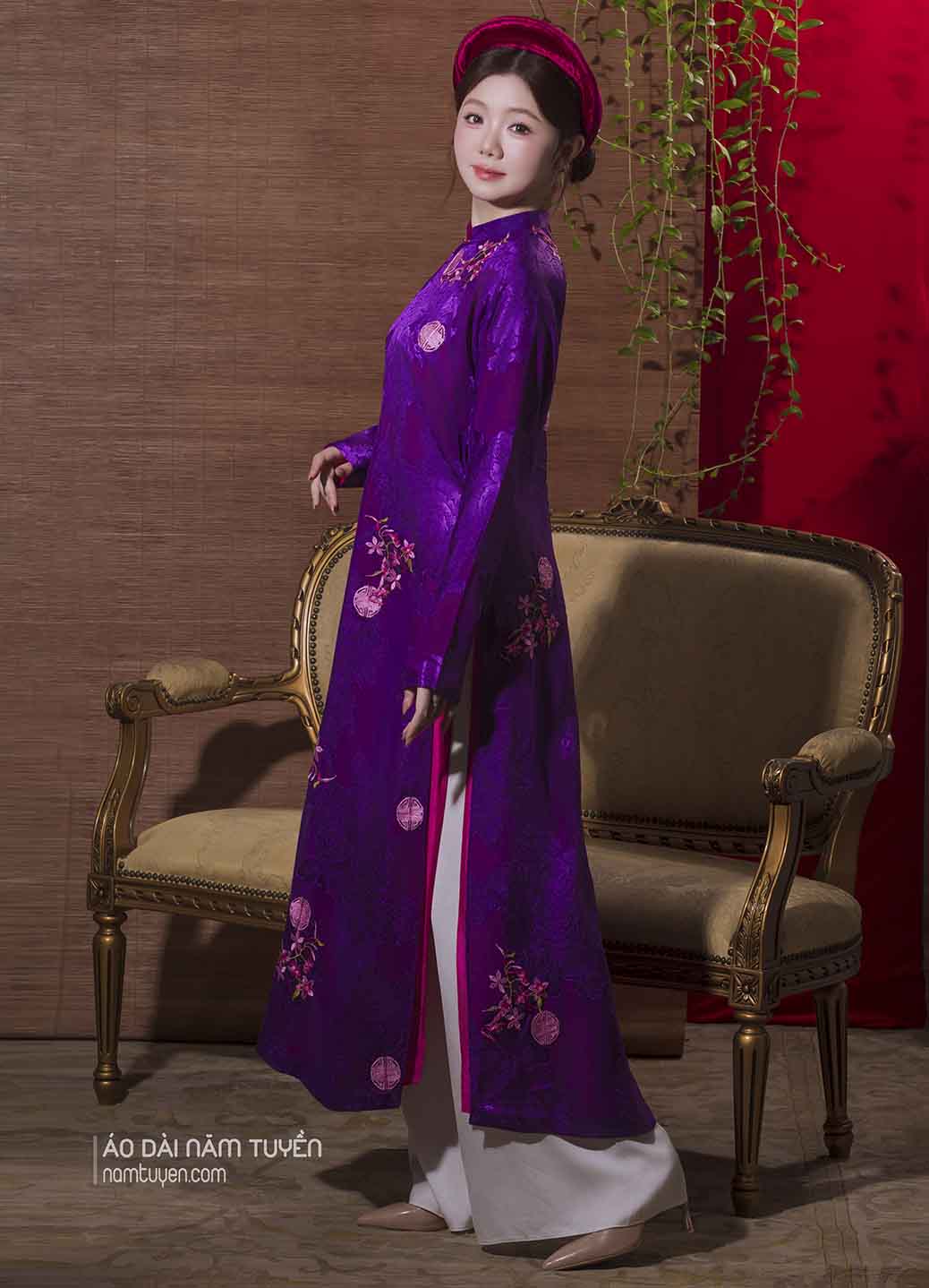 Áo Dài Nữ Truyền Thống Tím Huế Hoa Hồng