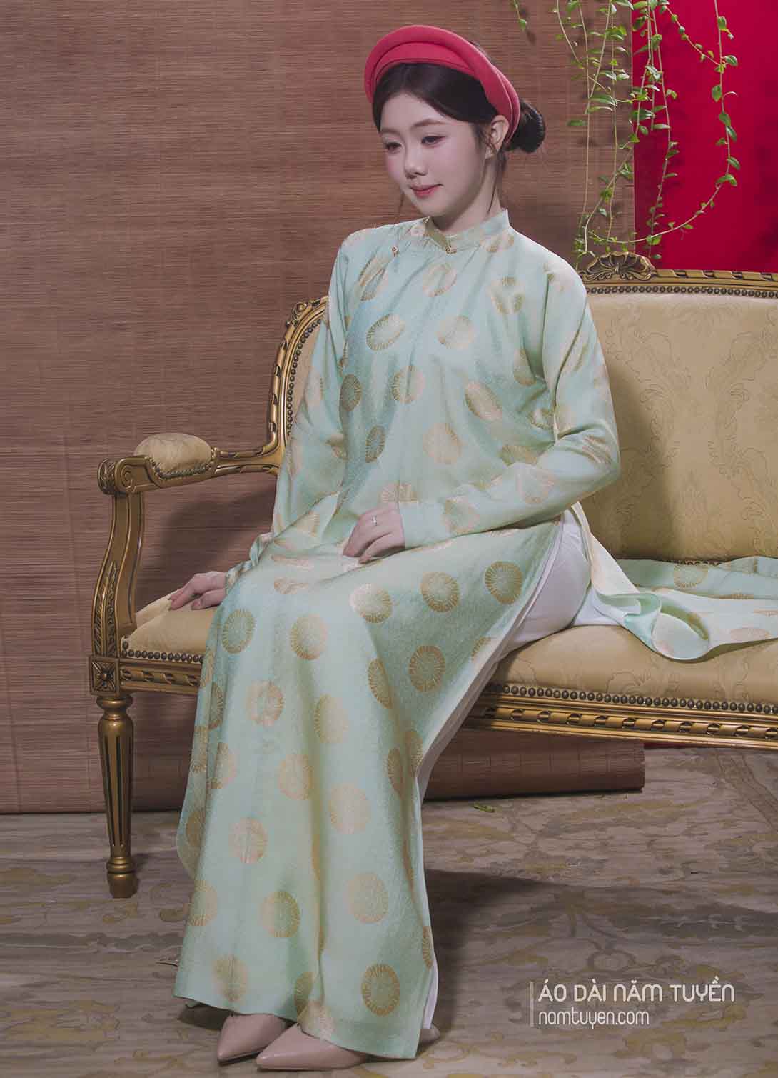 Áo Dài Nữ Truyền Thống Gấm Xanh Ngọc