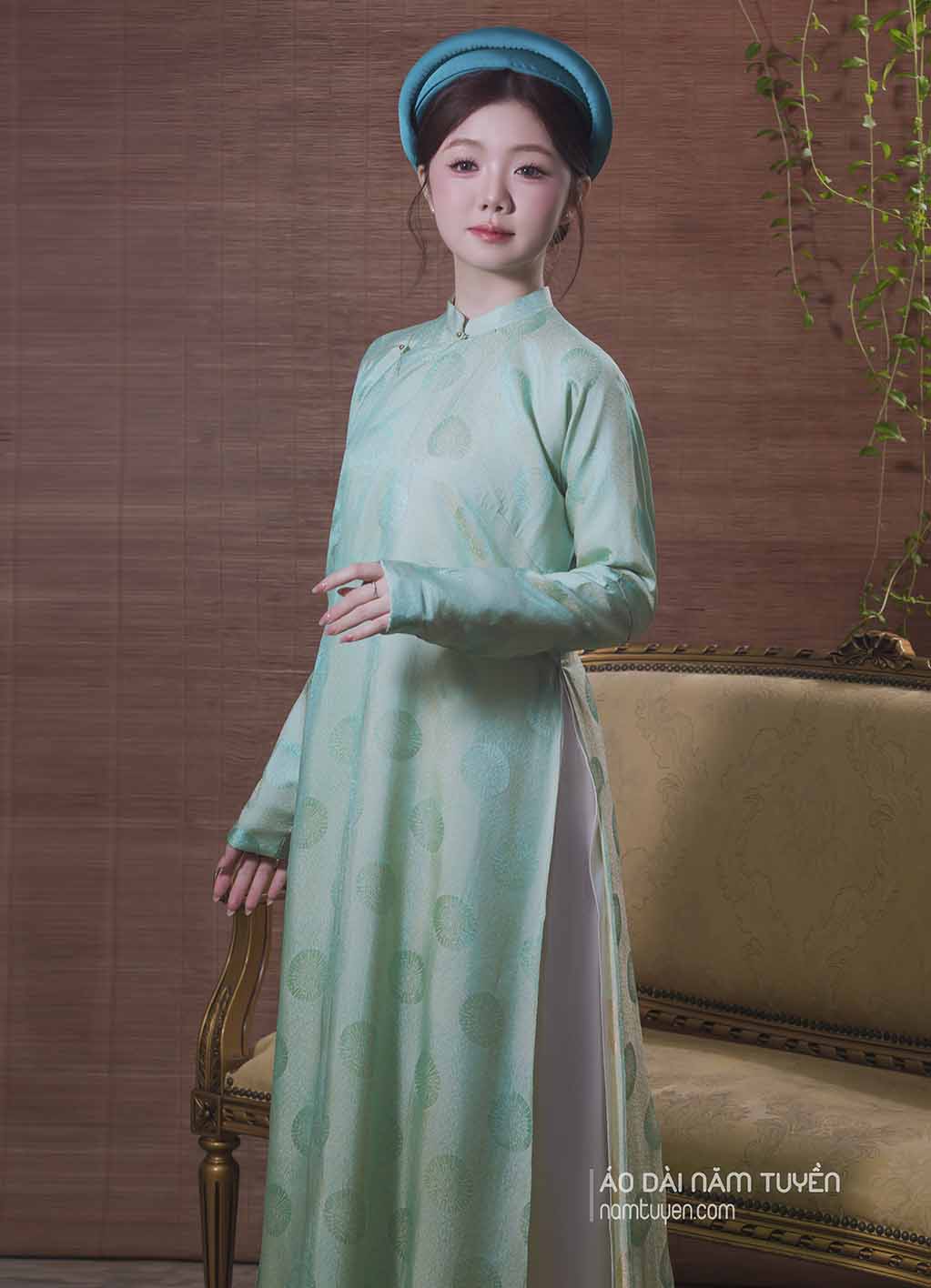 Áo Dài Nữ Truyền Thống Gấm Xanh Ngọc